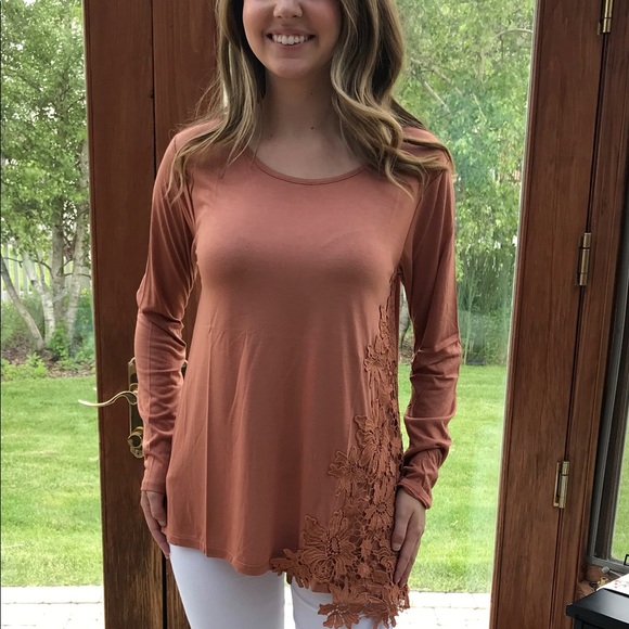 Kori Tops - Apricot Flower Lace Patch Detail Tunic